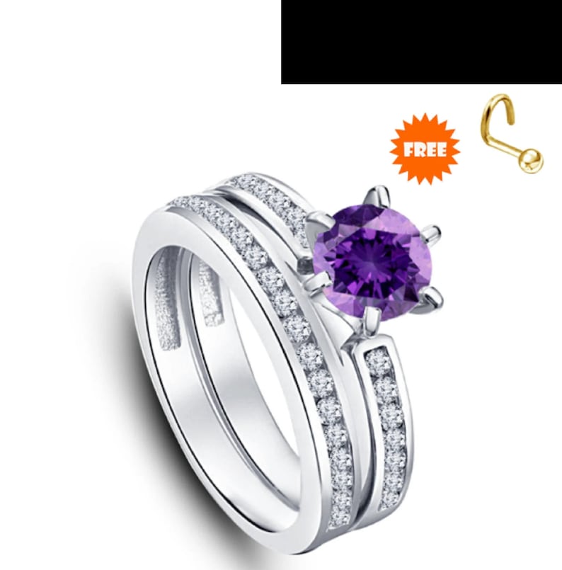 Bridal Ring Set — Purple Amethyst Birthstone, White Gold Finish, 925 Sterling Silver (2-Piece)