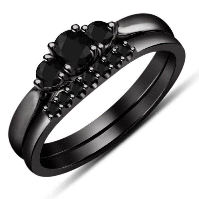 Bridal Ring Set — Round Black Moissanite, Black Gold Finish, 925 Sterling Silver (2-Piece)