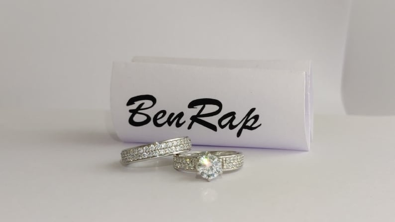 Bridal Ring Set — Round Cut Halo Moissanite, White Gold Finish, 925 Sterling Silver (2-Piece)