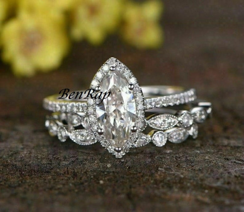Bridal Ring Set — Marquise Cut Solitaire Moissanite, White Gold Finish, 925 Sterling Silver (2-Piece)