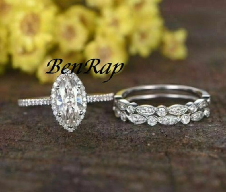 Bridal Ring Set — Marquise Cut Solitaire Moissanite, White Gold Finish, 925 Sterling Silver (2-Piece)