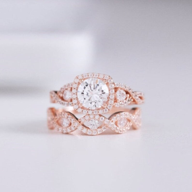 Bridal Ring Set — Infinity Twist Half Eternity Moissanite, Rose Gold Finish, 925 Sterling Silver (2-Piece)
