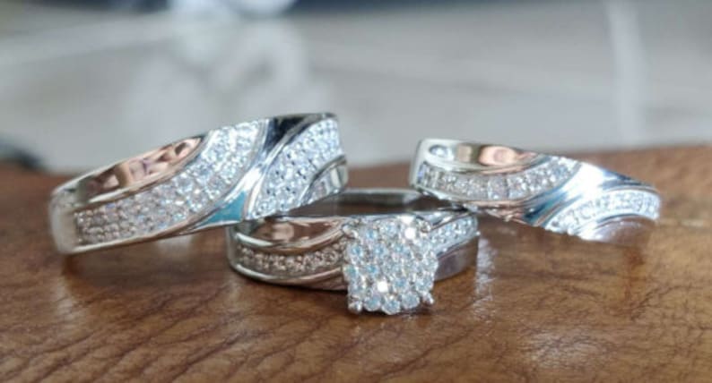 Bridal Trio Ring Set - Bride and Groom, 1.10 Ct Diamond, White Gold Finish