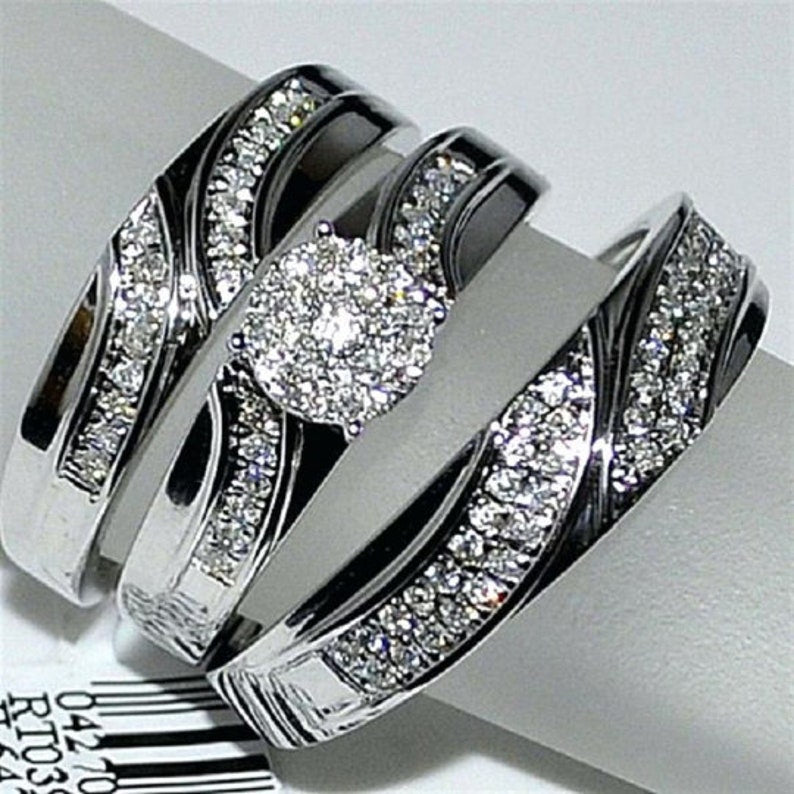 Bridal Trio Ring Set - Bride and Groom, 1.10 Ct Diamond, White Gold Finish