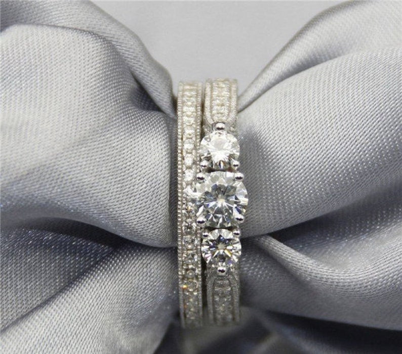 Bridal Ring Set — 3-Stone Past Present Future Moissanite, White Gold Finish, 925 Sterling Silver (2-Piece)