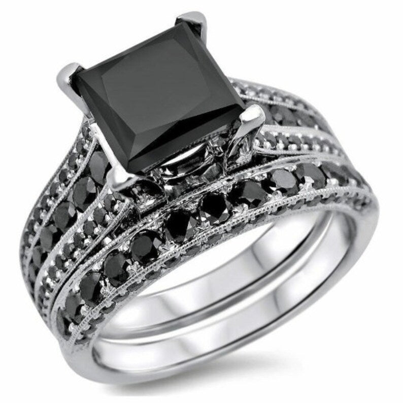 Bridal Ring Set — Princess Cut Solitaire, White Gold Finish, 925 Sterling Silver (2-Piece)