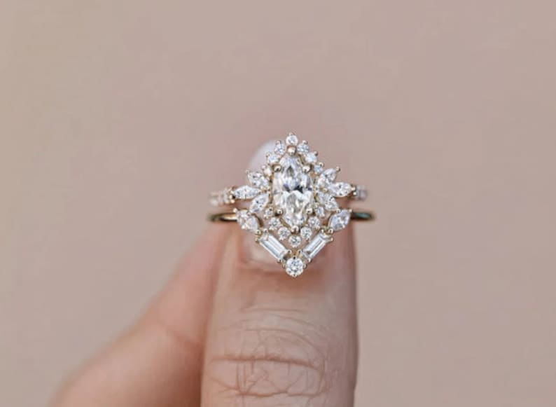 Bridal Ring Set — Antique Marquise Cut Diamond, Yellow Gold Finish, 925 Sterling Silver (2-Piece)