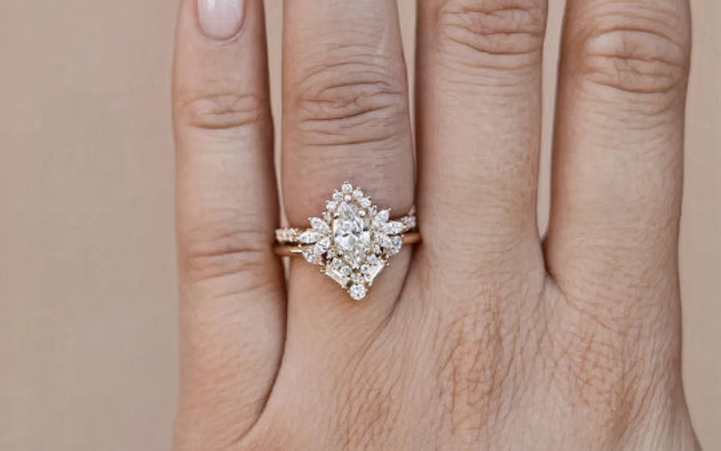 Bridal Ring Set — Antique Marquise Cut Diamond, Yellow Gold Finish, 925 Sterling Silver (2-Piece)