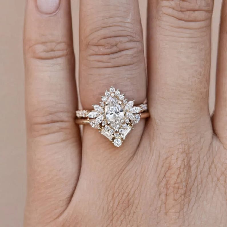 Bridal Ring Set — Antique Marquise Cut Diamond, Yellow Gold Finish, 925 Sterling Silver (2-Piece)