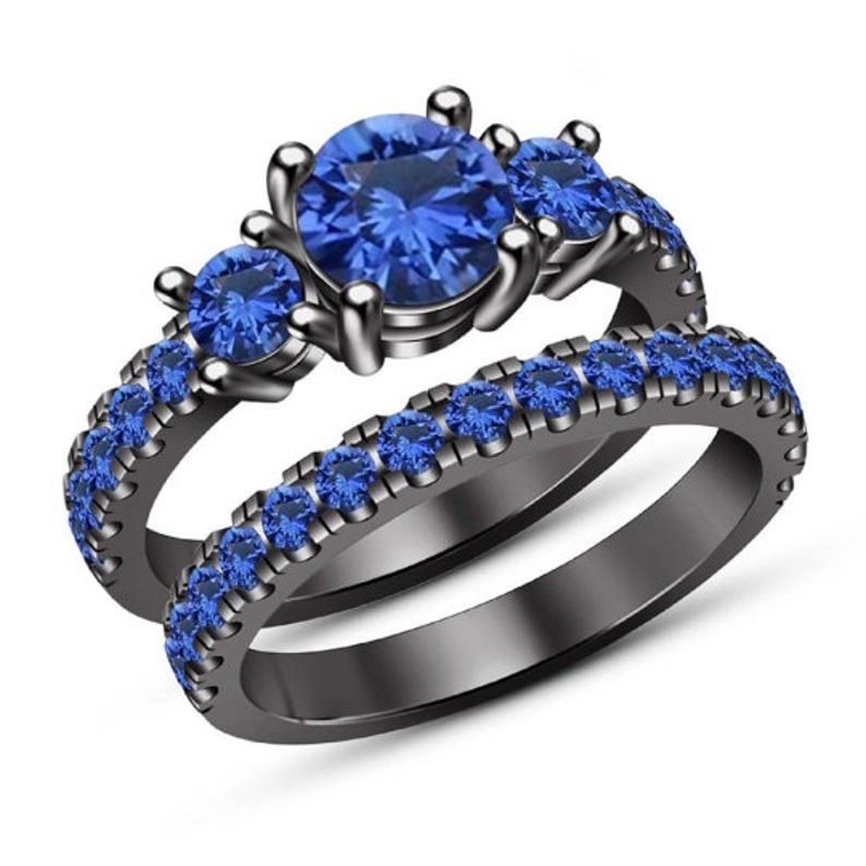 Bridal Ring Set — Round Cut Diamond, Black Gold Finish, 925 Sterling Silver (2-Piece)