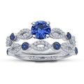 Bridal Ring Set — Blue Sapphire Art Deco, White Gold Finish, 925 Sterling Silver (2-Piece)