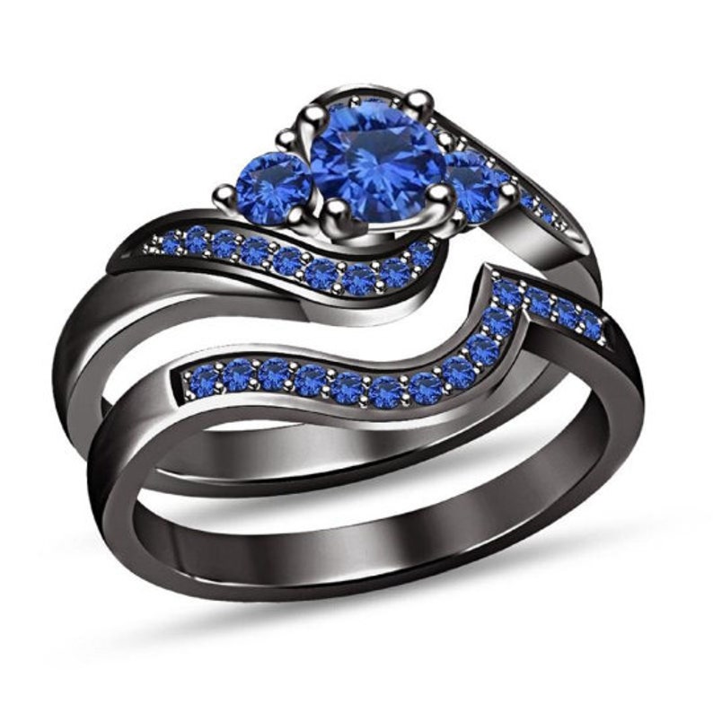 Bridal Ring Set — Round Cut White Diamond, Black Gold Finish, 925 Sterling Silver (2-Piece)