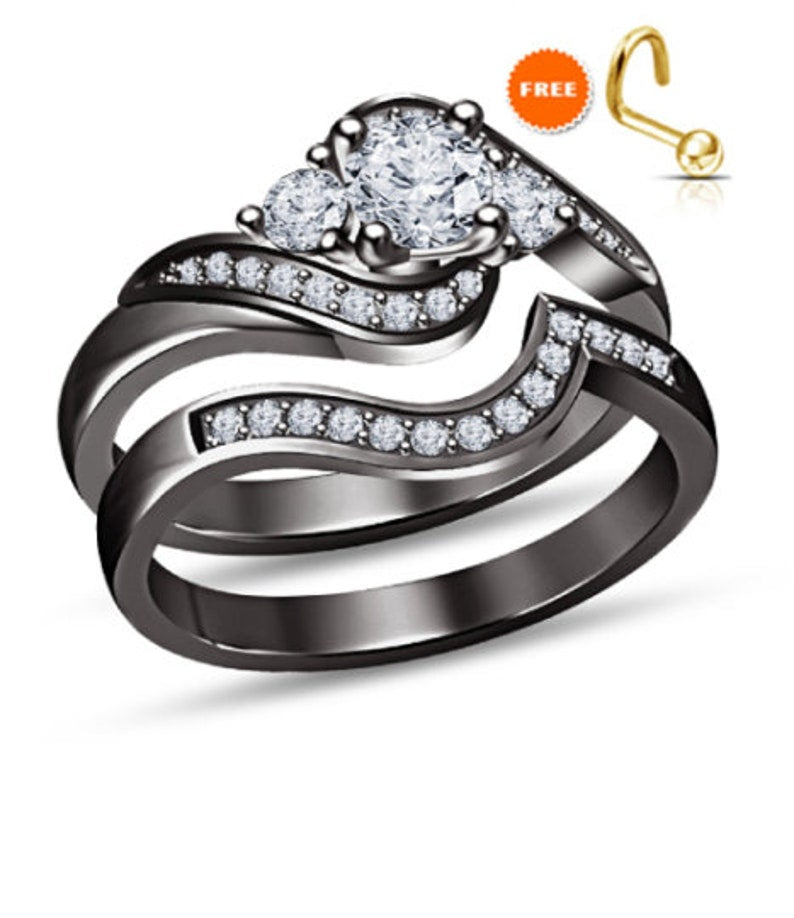 Bridal Ring Set — Round Cut White Diamond, Black Gold Finish, 925 Sterling Silver (2-Piece)