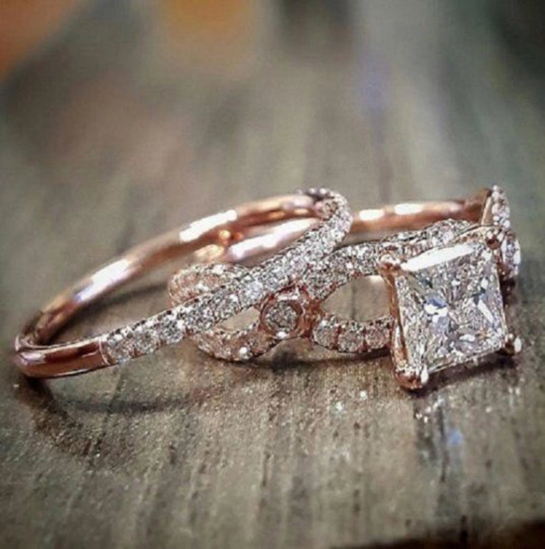 Bridal Ring Set — Art Deco Princess Cut Cluster Moissanite, Rose Gold Finish, 925 Sterling Silver (2-Piece)