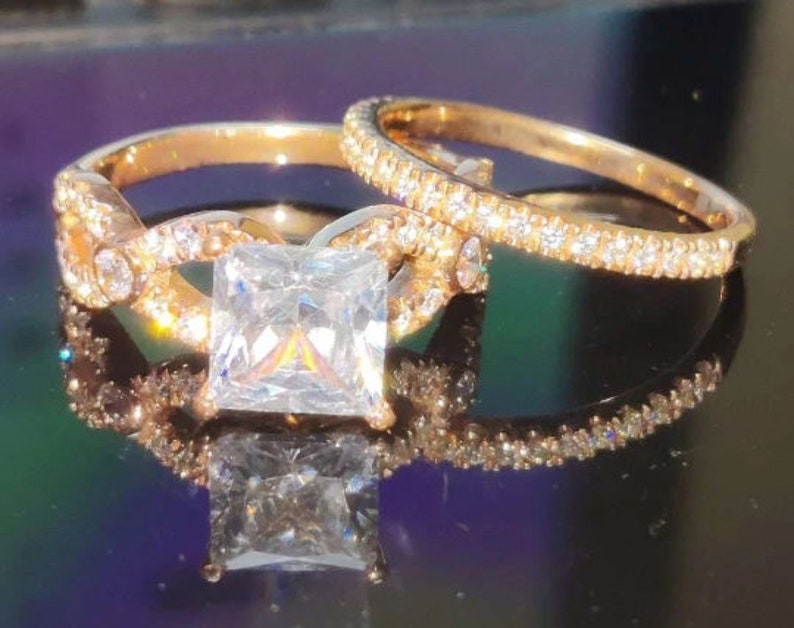 Bridal Ring Set — Art Deco Princess Cut Cluster Moissanite, Rose Gold Finish, 925 Sterling Silver (2-Piece)