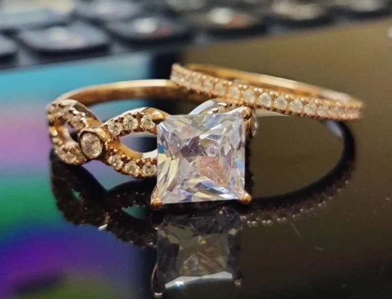 Bridal Ring Set — Art Deco Princess Cut Cluster Moissanite, Rose Gold Finish, 925 Sterling Silver (2-Piece)