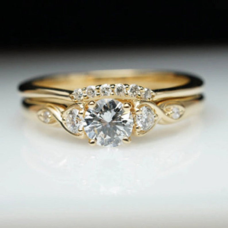Bridal Ring Set — Round Moissanite Simple Band, Yellow Gold Finish, 925 Sterling Silver (2-Piece)
