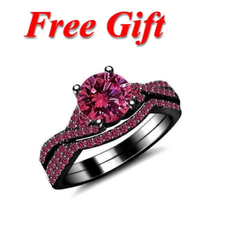 Bridal Ring Set — Pink Diamond & Sapphire, Black Gold Finish, 925 Sterling Silver (2-Piece)