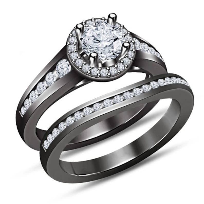 Bridal Ring Set — Diamond & Moissanite, Black Gold Finish, 925 Sterling Silver (2-Piece)