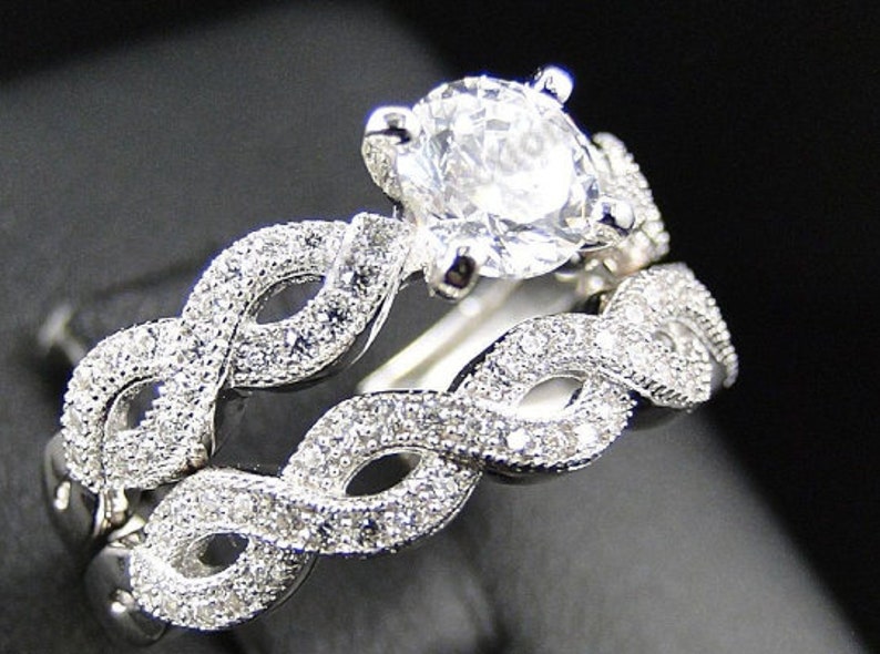 Bridal Ring Set — Twisted Braided Moissanite, White Gold Finish, 925 Sterling Silver (2-Piece)