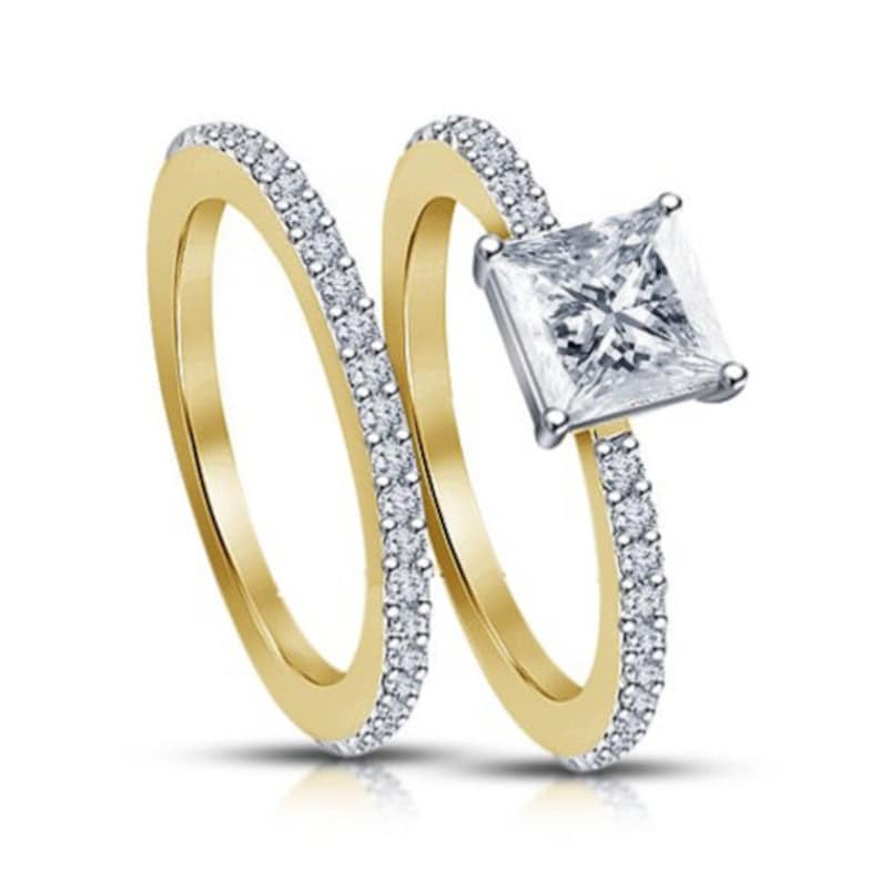 Bridal Ring Set — Princess Cut Band, Yellow Gold Finish, 925 Sterling Silver (2-Piece)