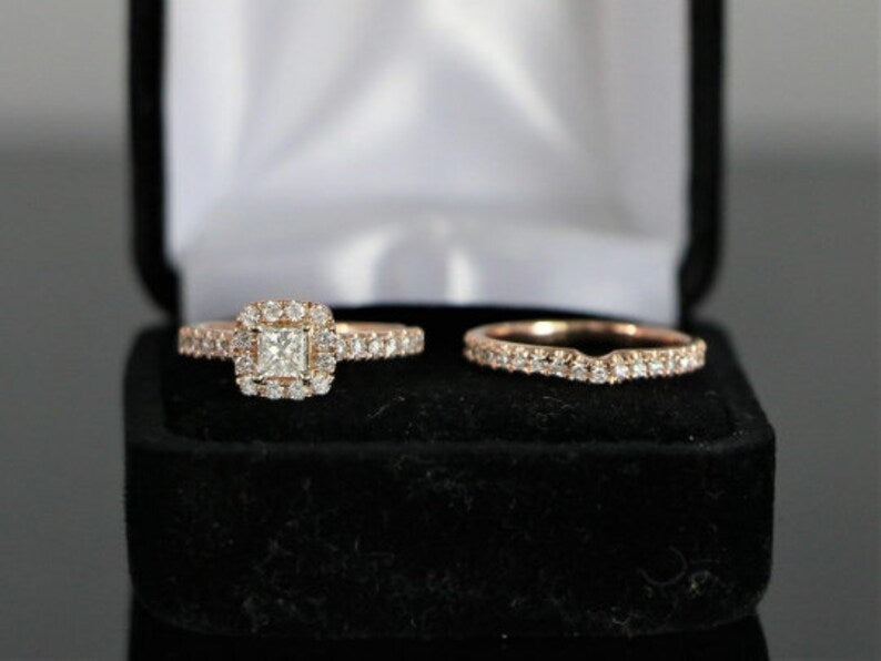 Bridal Ring Set — Princess Cut Moissanite, Rose Gold Finish, 925 Sterling Silver (2-Piece)