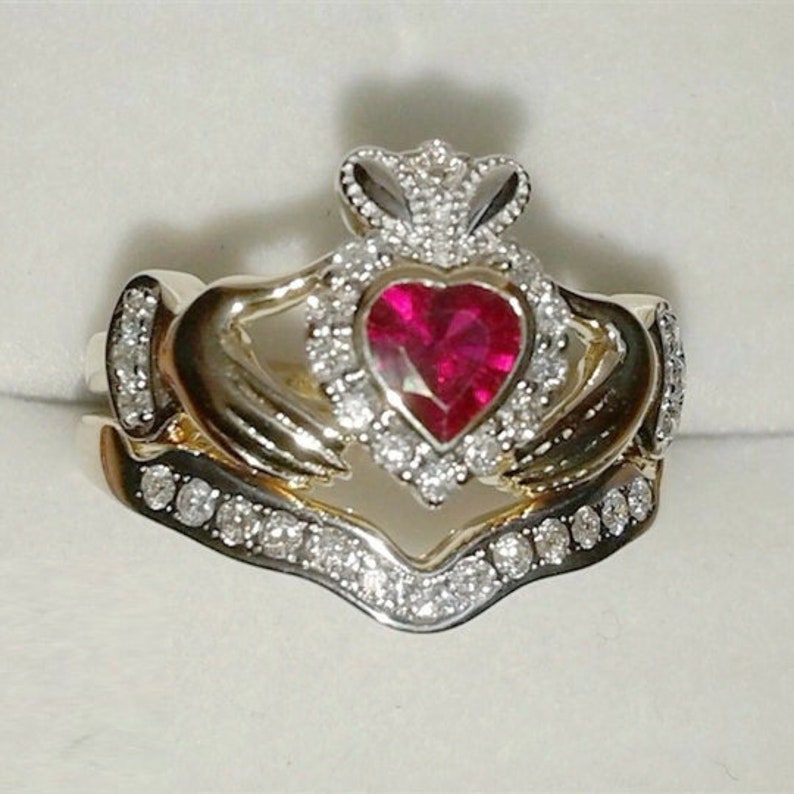 Bridal Ring Set — Claddagh Heart Shape Sapphire, Yellow Gold Finish, 925 Sterling Silver (2-Piece)