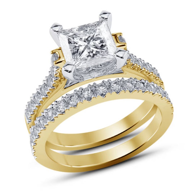 Bridal Ring Set — Princess Cut Moissanite, Yellow Gold Finish, 925 Sterling Silver (2-Piece)