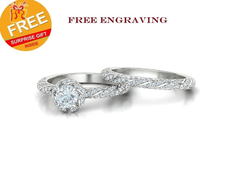 Bridal Ring Set — Genuine Moissanite D-Color VVS1, White Gold Finish, 925 Sterling Silver (2-Piece)