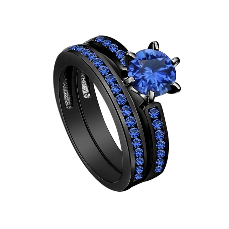 Bridal Ring Set — Round Cut Blue Sapphire, Pear Band, Black Gold Finish, 925 Sterling Silver (2-Piece)