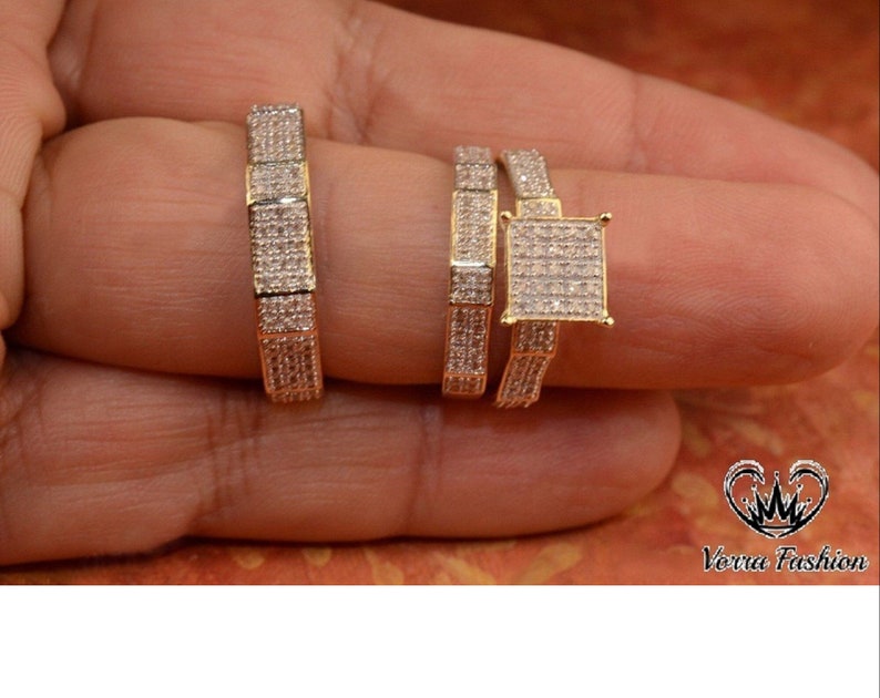 Bridal Trio Ring Set — Round Cut Moissanite, Yellow Gold Finish - view 2