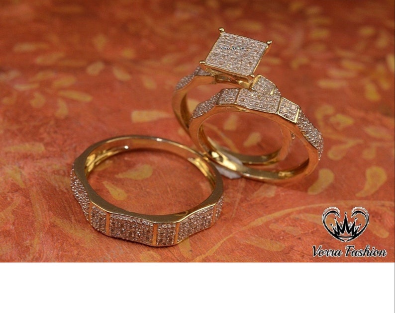 Bridal Trio Ring Set — Round Cut Moissanite, Yellow Gold Finish - view 3