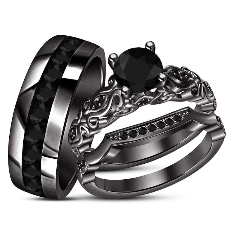 Bridal Trio Ring Set — Black Diamond, Black Gold Finish - view 1