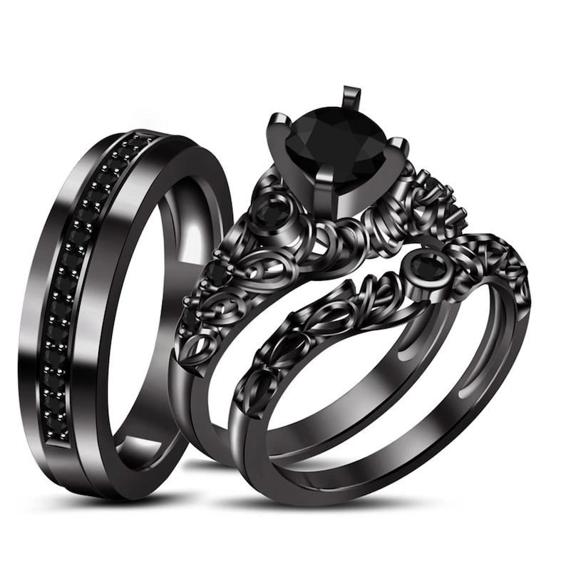 Bridal Trio Ring Set — Round Black Diamond, Black Gold Finish, 925 Sterling Silver (3-Piece) - view 1