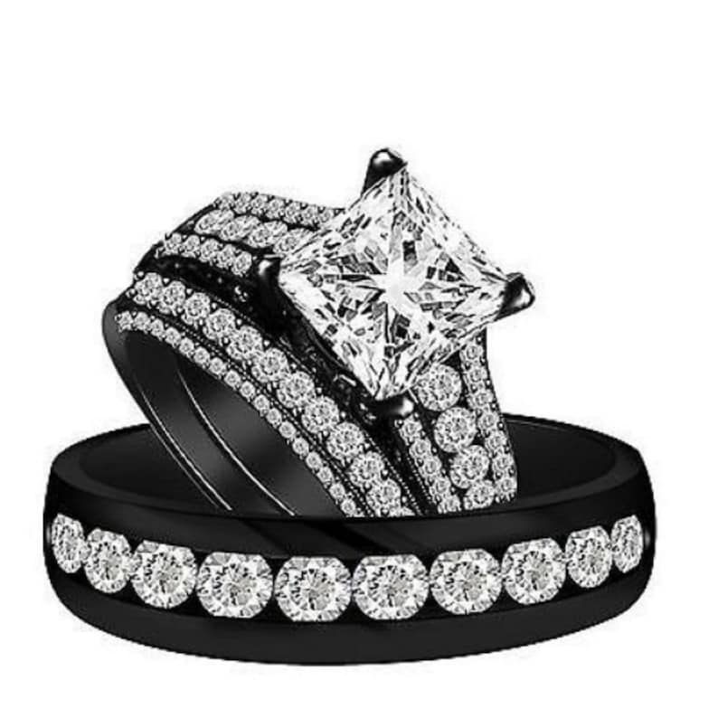 Bridal Trio Ring Set — Princess Cut Diamond/Moissanite, Black Gold Finish, 925 Sterling Silver (3-Piece) - view 1