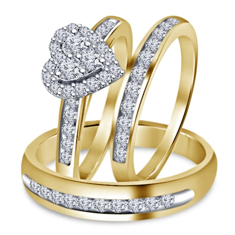 Bridal Trio Ring Set — Heart Shaped Diamond, Yellow Gold Finish - view 1