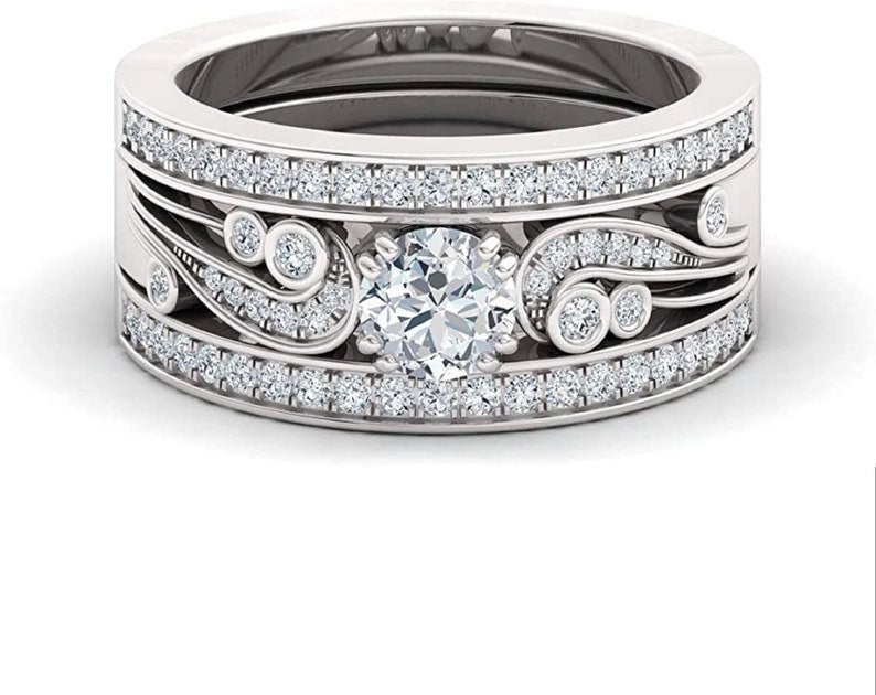 Bridal Trio Ring Set — Round Diamond, White Gold Finish - view 2