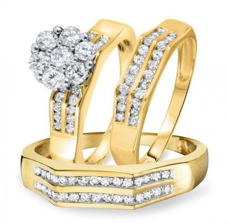 Bridal Trio Ring Set — Round Moissanite, Yellow Gold Finish - view 1