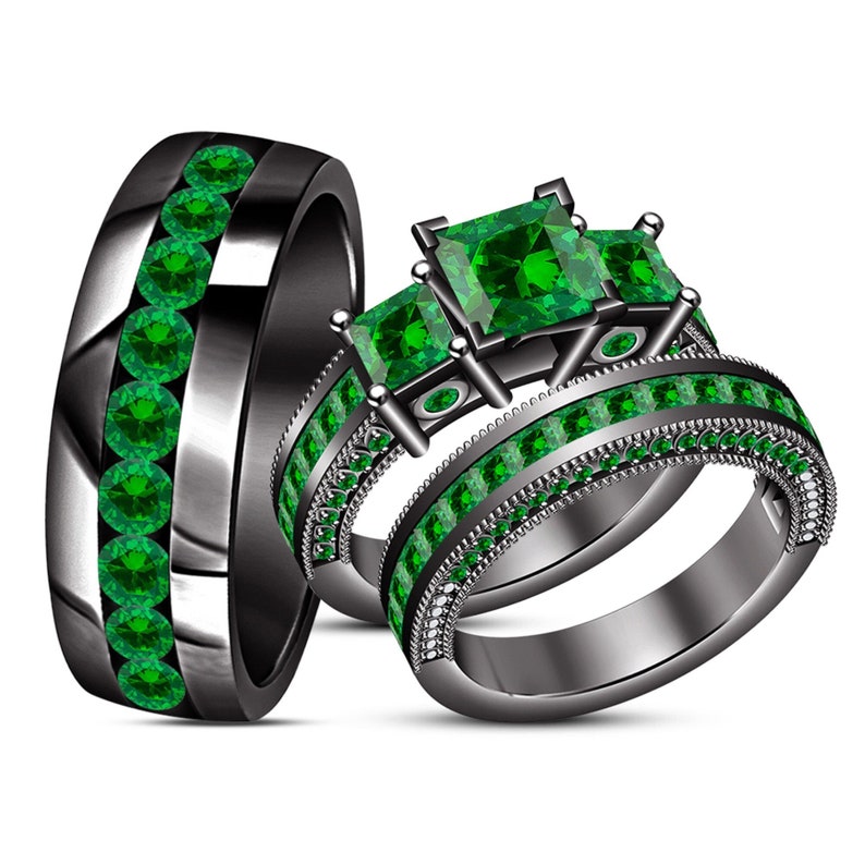 Bridal Trio Ring Set — Green Sapphire, Black Gold Finish - view 1