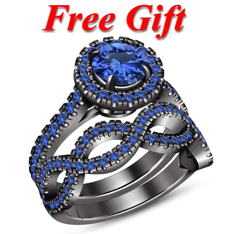 Bridal Ring Set — Round Cut Blue Sapphire, Black Gold Finish, 925 Sterling Silver (2-Piece)