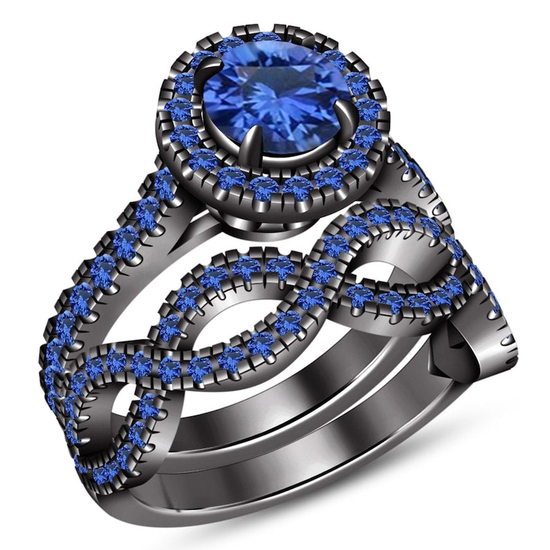 Bridal Ring Set — Round Cut Blue Sapphire, Black Gold Finish, 925 Sterling Silver (2-Piece)