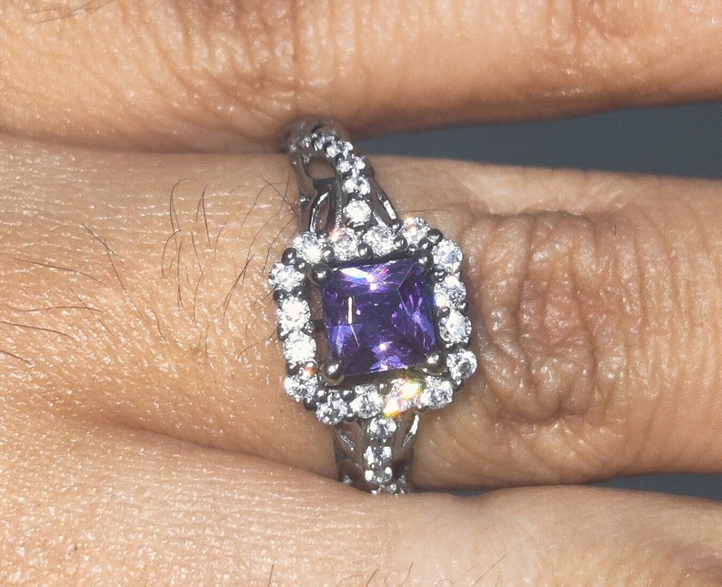 Bridal Ring Set — Princess Cut Amethyst, Black Gold Finish, 925 Sterling Silver (2-Piece)