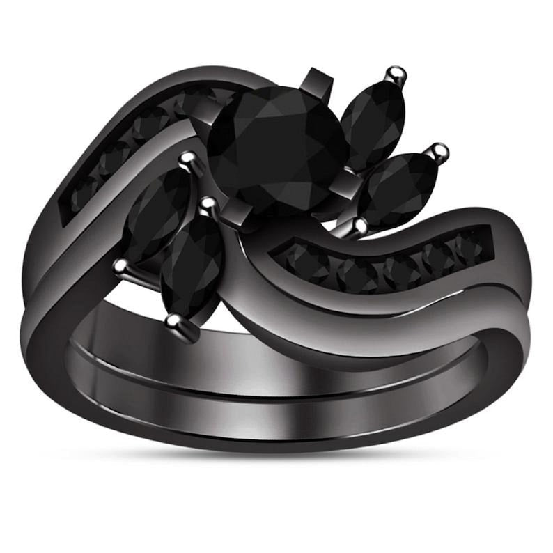 Bridal Ring Set — Marquise & Round Diamond Leaf Design, Black Gold Finish, 925 Sterling Silver (2-Piece)