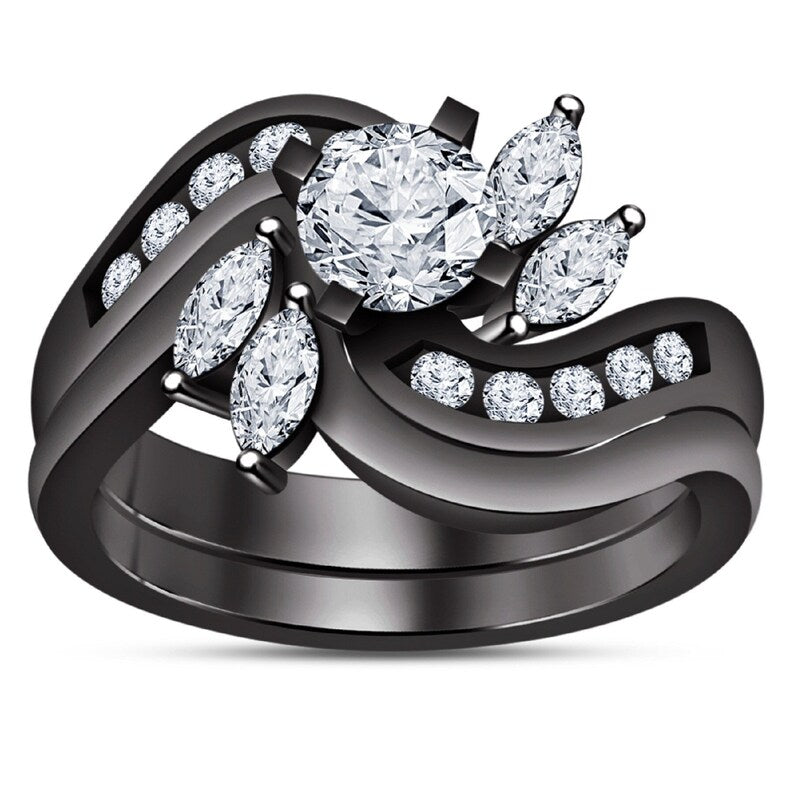 Bridal Ring Set — Marquise & Round Diamond Leaf Design, Black Gold Finish, 925 Sterling Silver (2-Piece)