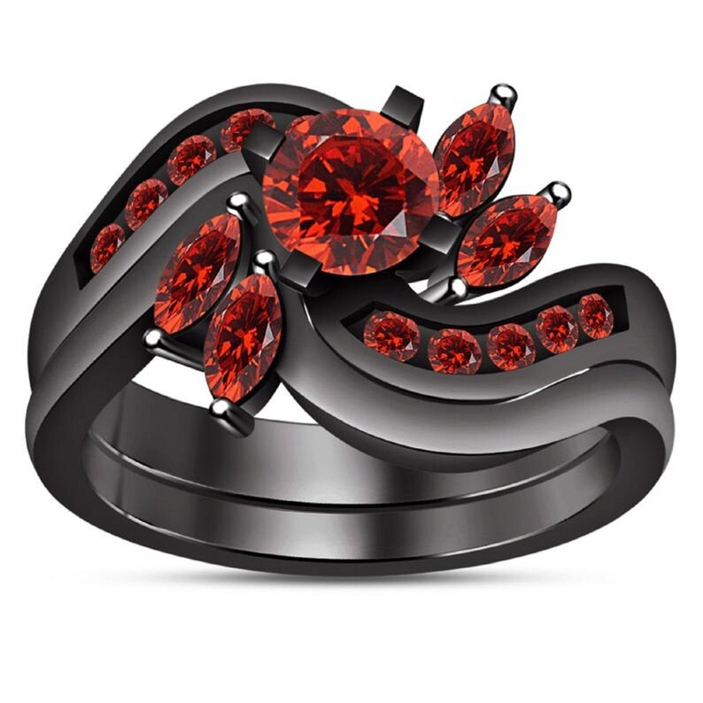 Bridal Ring Set — Marquise & Round Diamond Leaf Design, Black Gold Finish, 925 Sterling Silver (2-Piece)