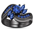 Bridal Ring Set — Marquise & Round Diamond Leaf Design, Black Gold Finish, 925 Sterling Silver (2-Piece)