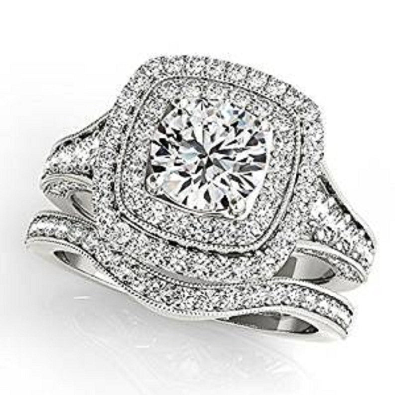 Bridal Ring Set — Round Cut Diamond Classic, White Gold Finish, 925 Sterling Silver (2-Piece)