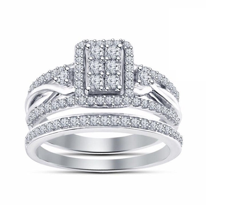 Bridal Ring Set — Round Cut Diamond, White Gold Finish, 925 Sterling Silver (2-Piece)