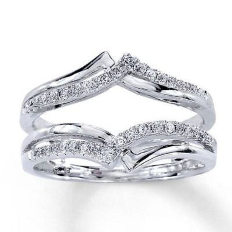 Bridal Ring Set — Round Solitaire Moissanite with Enhancer Wrap, White Gold Finish, 925 Sterling Silver (2-Piece)