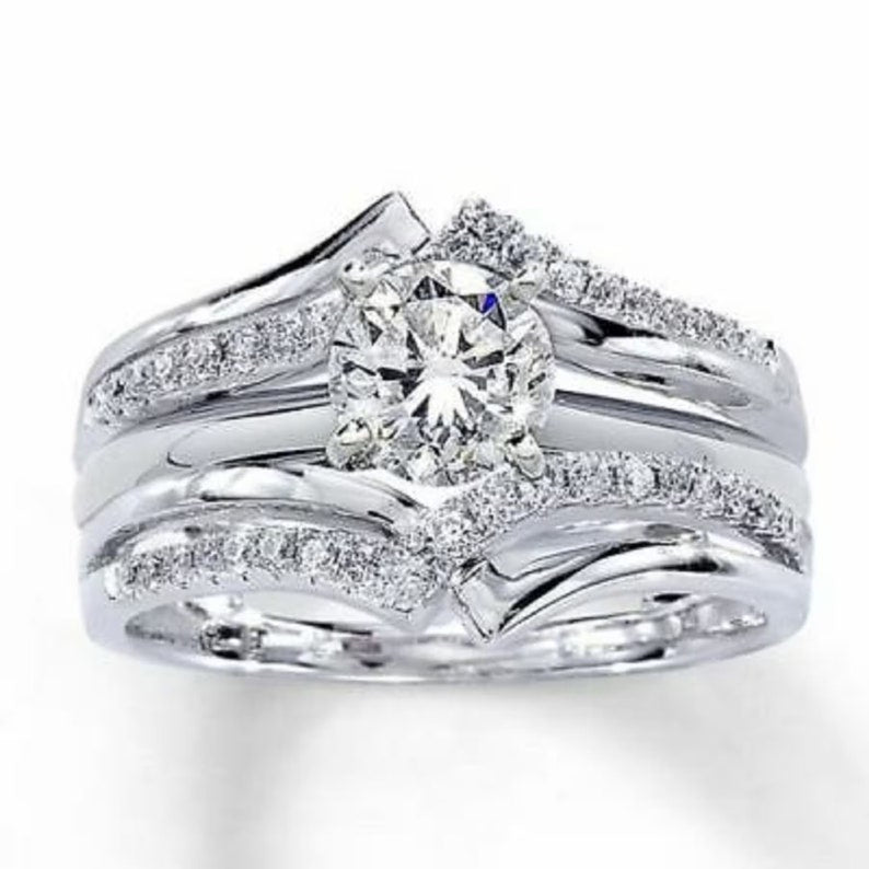 Bridal Ring Set — Round Solitaire Moissanite with Enhancer Wrap, White Gold Finish, 925 Sterling Silver (2-Piece)